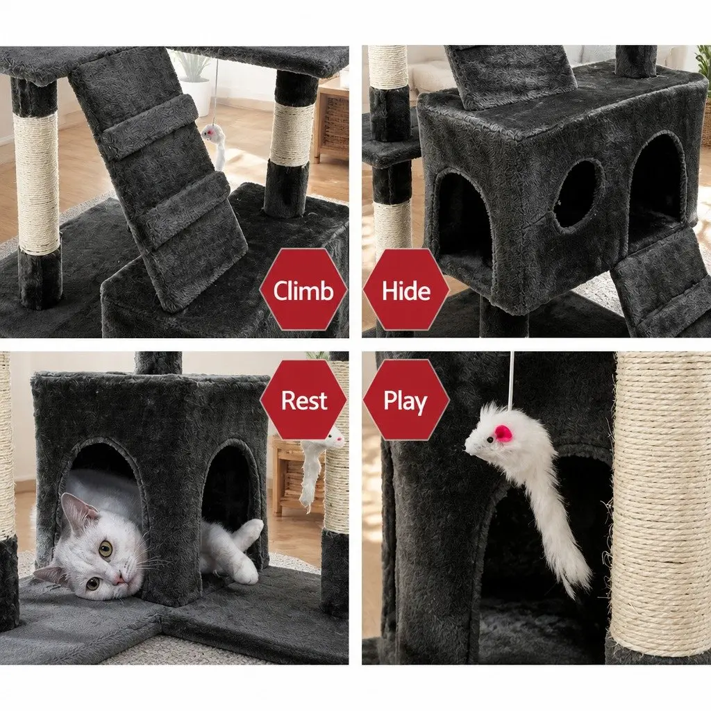 Cat Tree Multi-Level 180cm Tower Scratching Post Condo House Climbing Perch Rest Bed Grey