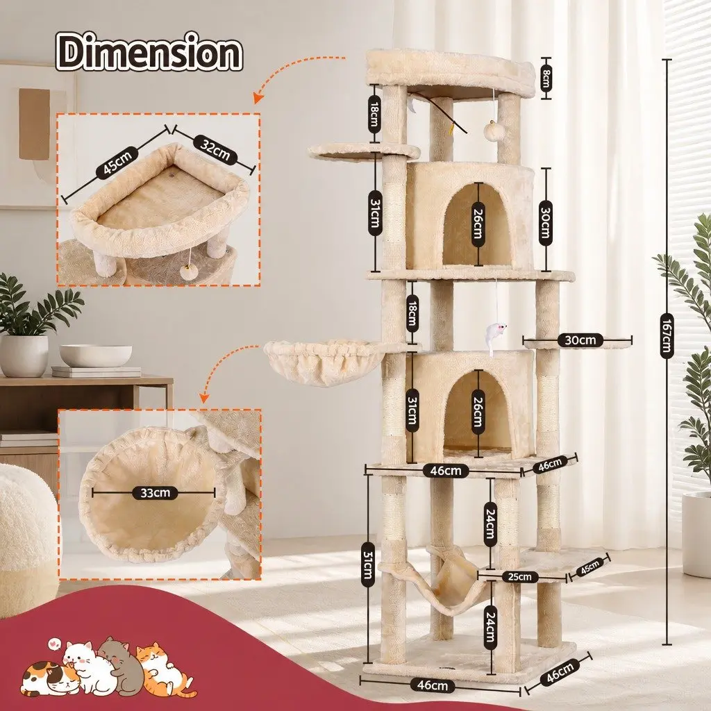 Cat Tree Tower Multi-Level 167cm Beige Scratching Post
