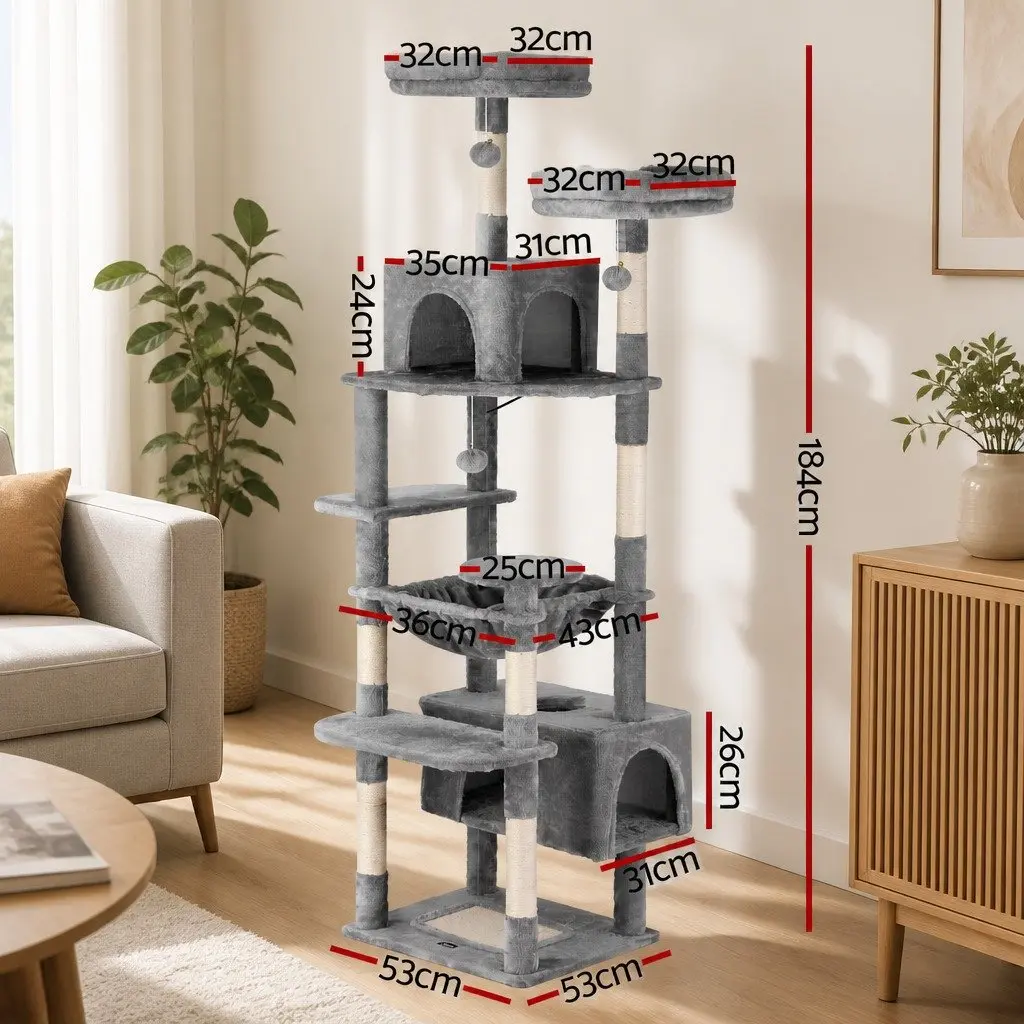 Cat Tree 184cm Tall Scratching Post Tower Climbing Condo House Light Grey