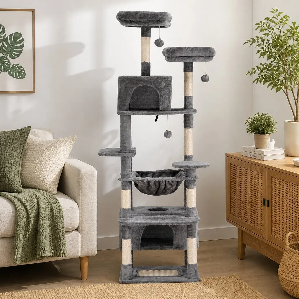 Cat Tree 184cm Tall Scratching Post Tower Climbing Condo House Light Grey