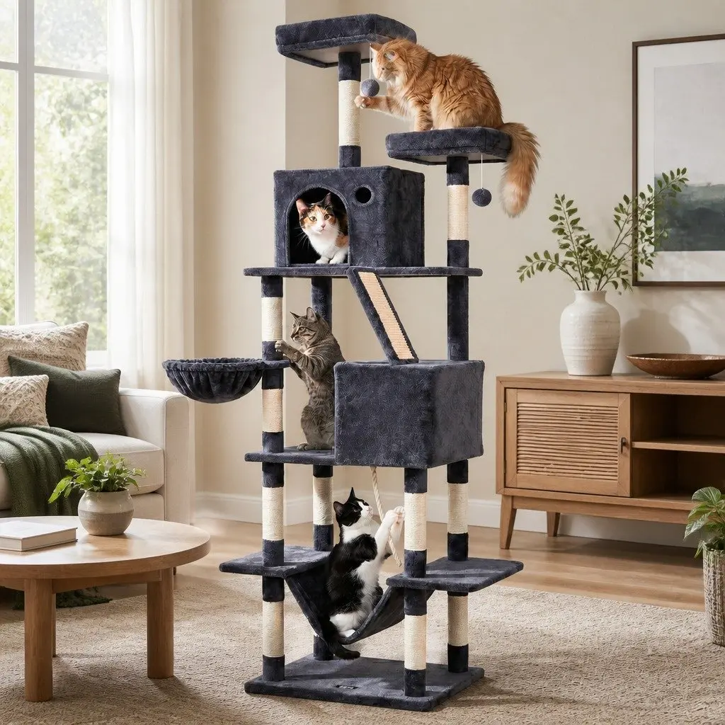 Cat Tree Tower 206cm Large Multi-Level Scratching Post Furniture Plush Grey