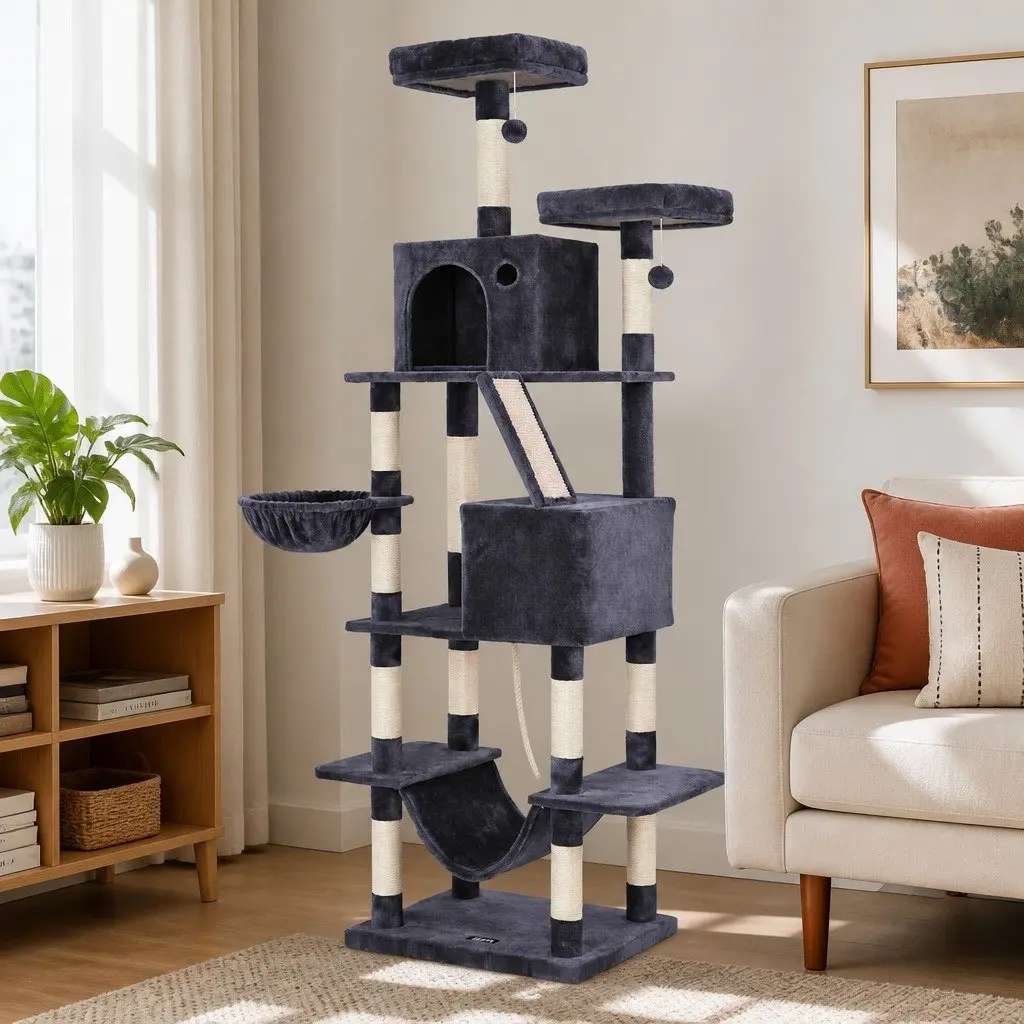 Cat Tree Tower 206cm Large Multi-Level Scratching Post Furniture Plush Grey