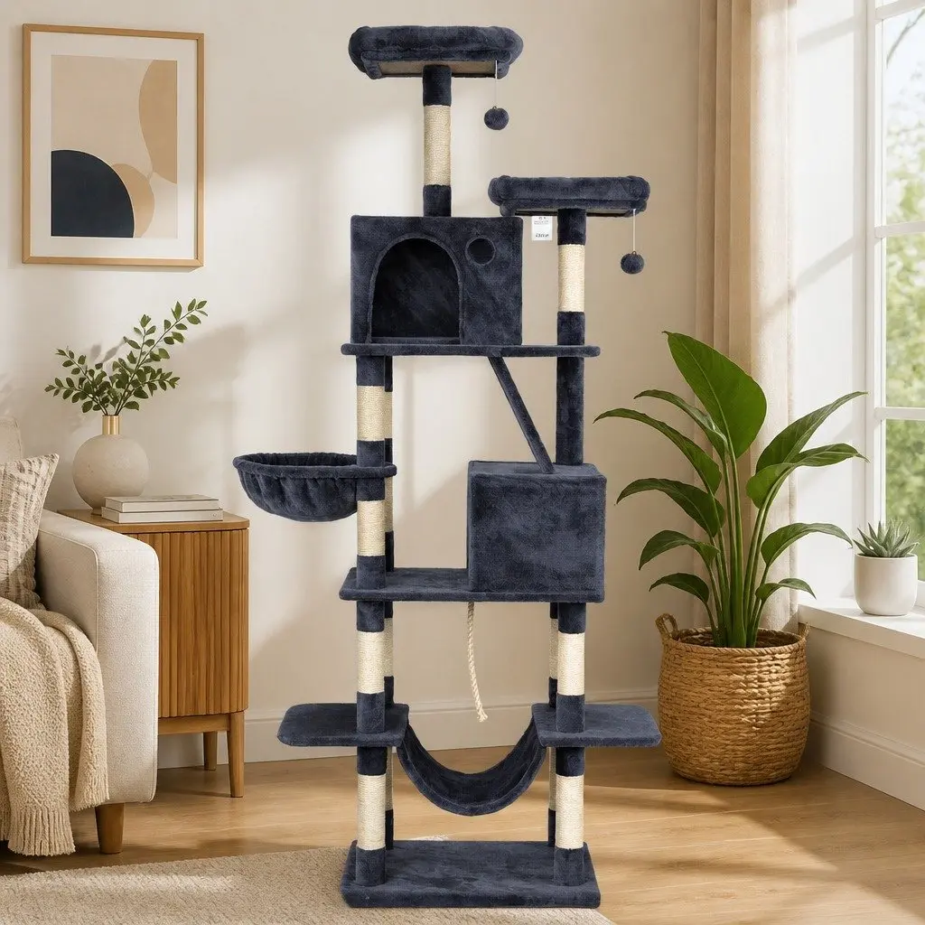 Cat Tree Tower 206cm Large Multi-Level Scratching Post Furniture Plush Grey