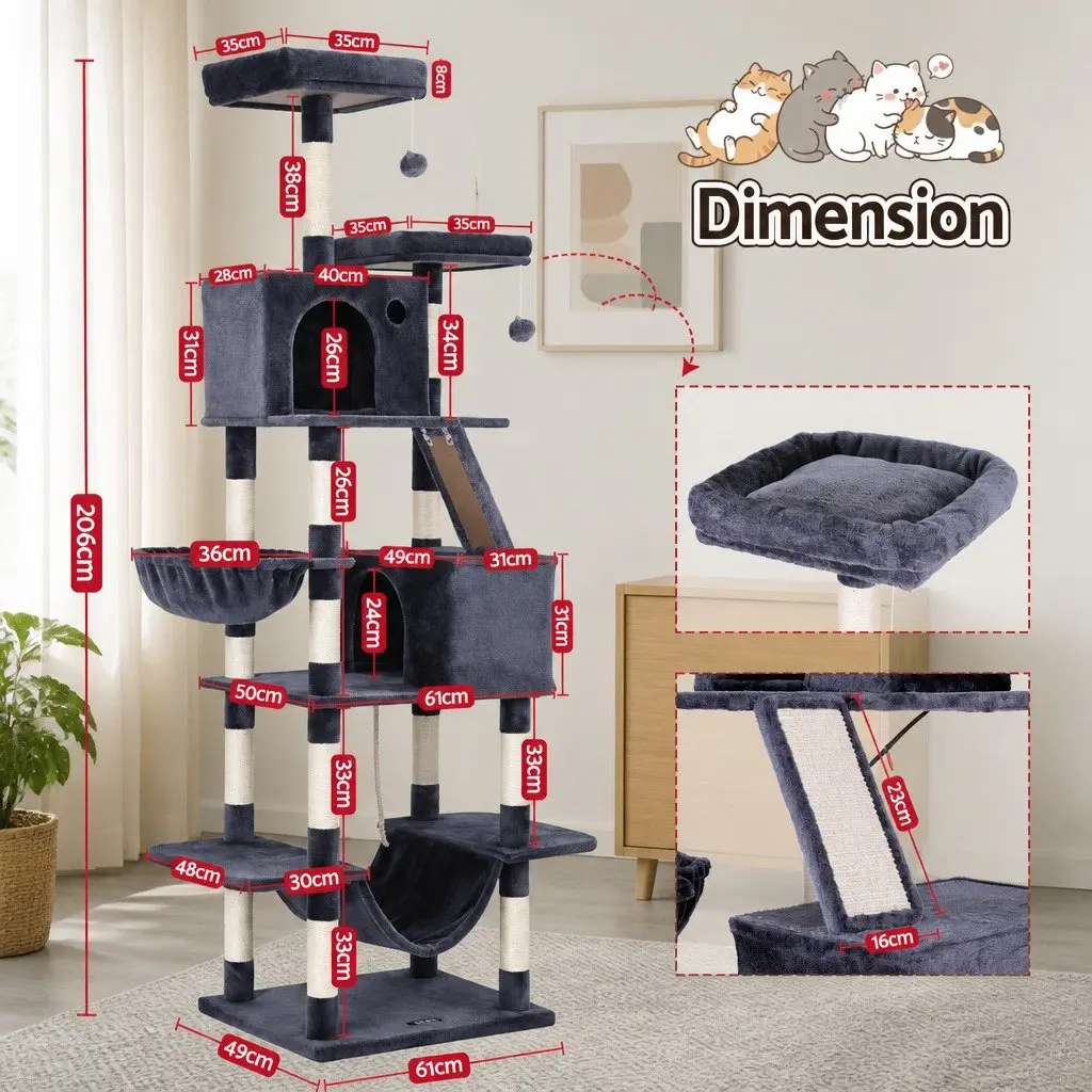 Cat Tree Tower 206cm Large Multi-Level Scratching Post Furniture Plush Grey