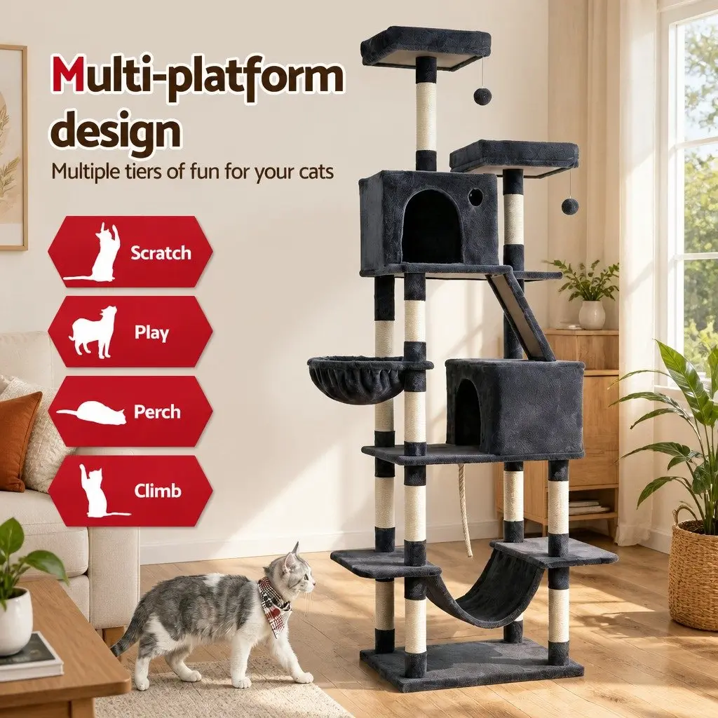 Cat Tree Tower 206cm Large Multi-Level Scratching Post Furniture Plush Grey