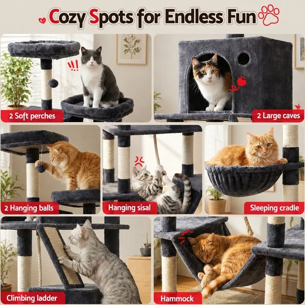 Cat Tree Tower 206cm Large Multi-Level Scratching Post Furniture Plush Grey