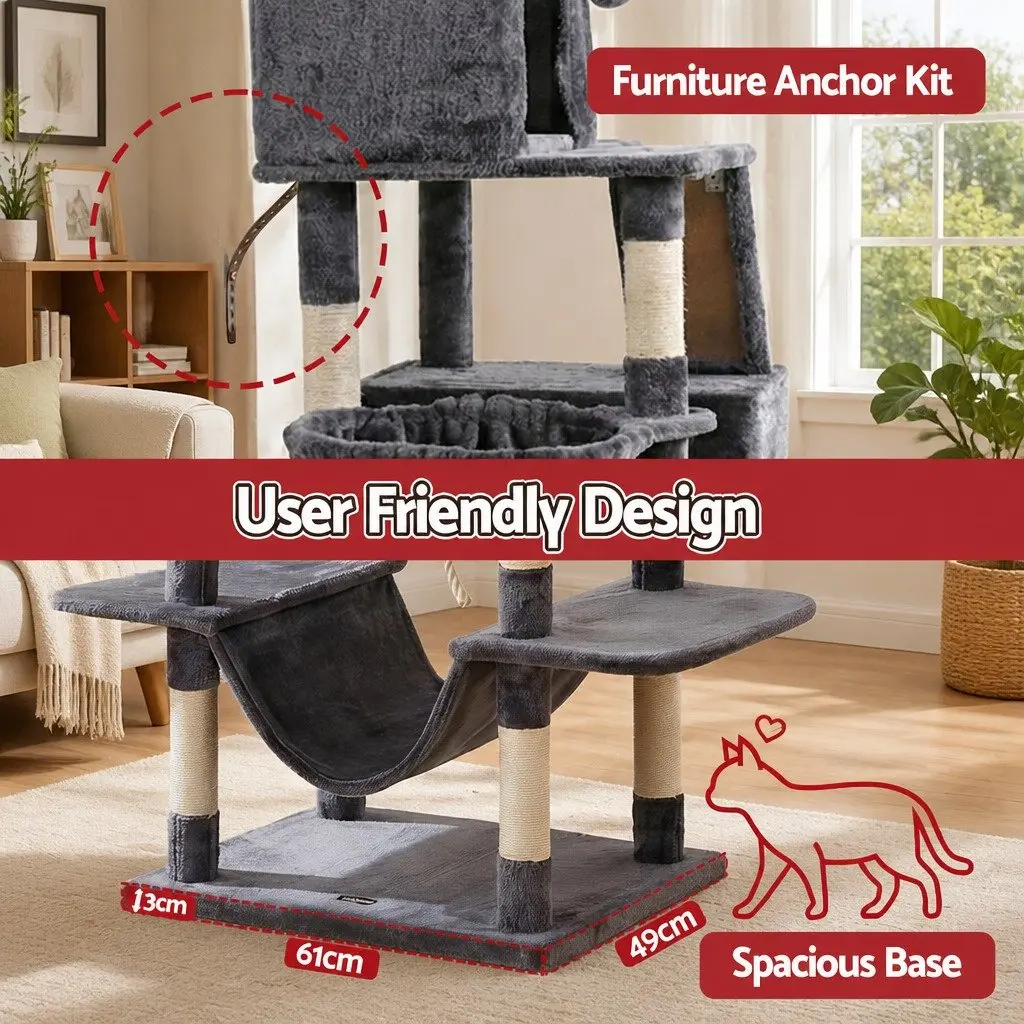 Cat Tree Tower 206cm Large Multi-Level Scratching Post Furniture Plush Grey
