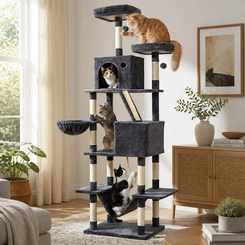 Cat Tree Tower 206cm Large Multi-Level Scratching Post Furniture Plush Grey