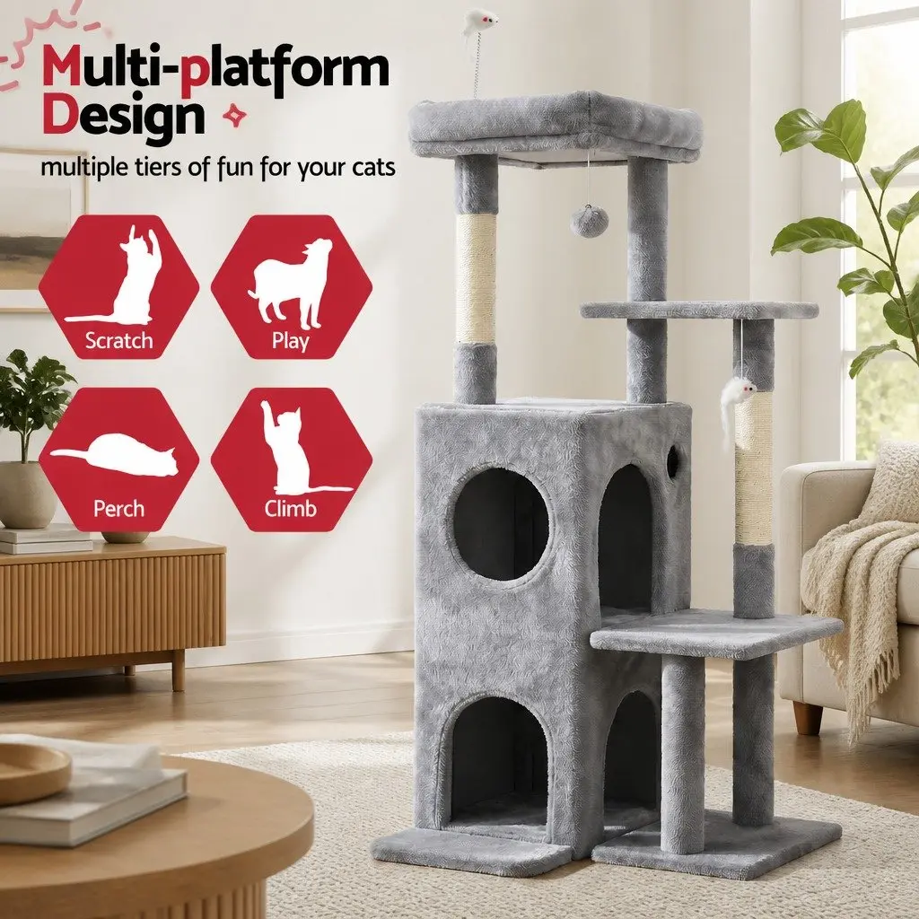 Cat Tree Tower 127cm Scratching Post Multi-Level Platforms Perches Hideouts