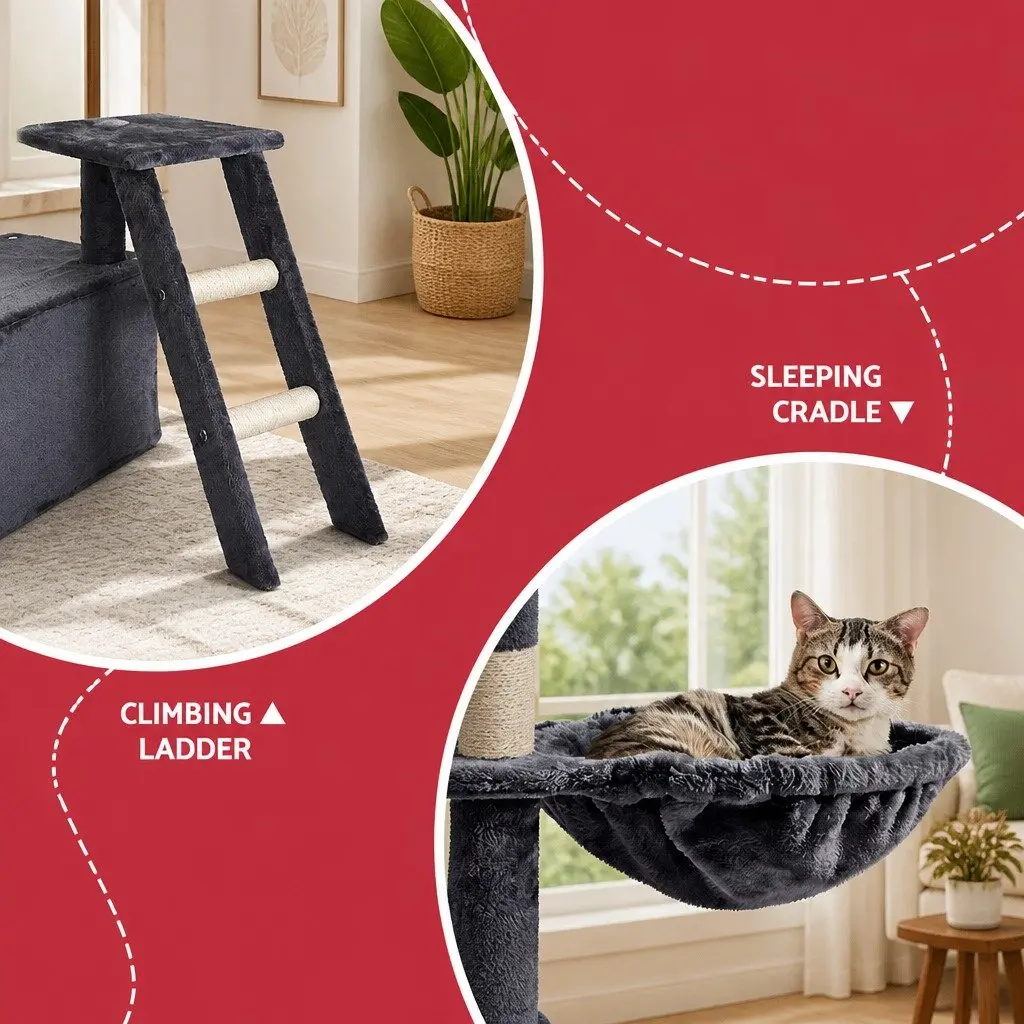 Cat Tree Tower Multi-Level Scratching Post Condo 138cm Grey