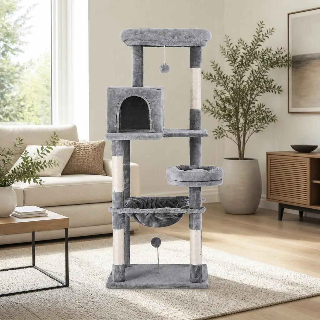 Cat Tree Tower Scratching Post Condo House 143cm Multi-Level Grey Wooden Pet