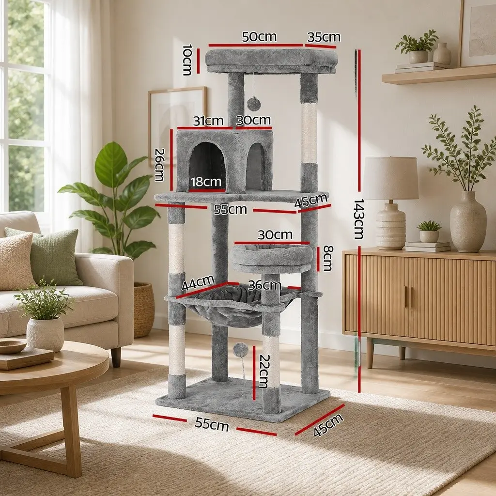 Cat Tree Tower Scratching Post Condo House 143cm Multi-Level Grey Wooden Pet
