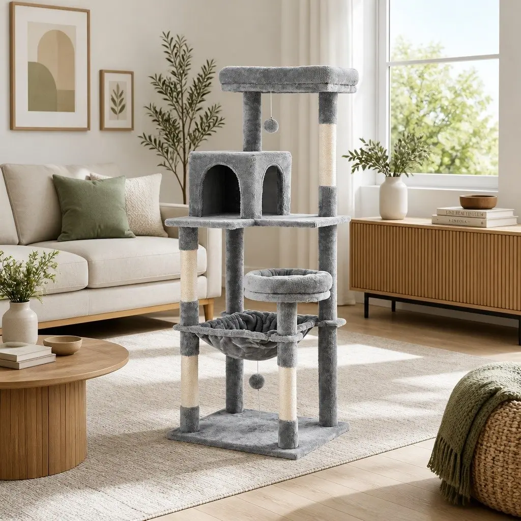 Cat Tree Tower Scratching Post Condo House 143cm Multi-Level Grey Wooden Pet