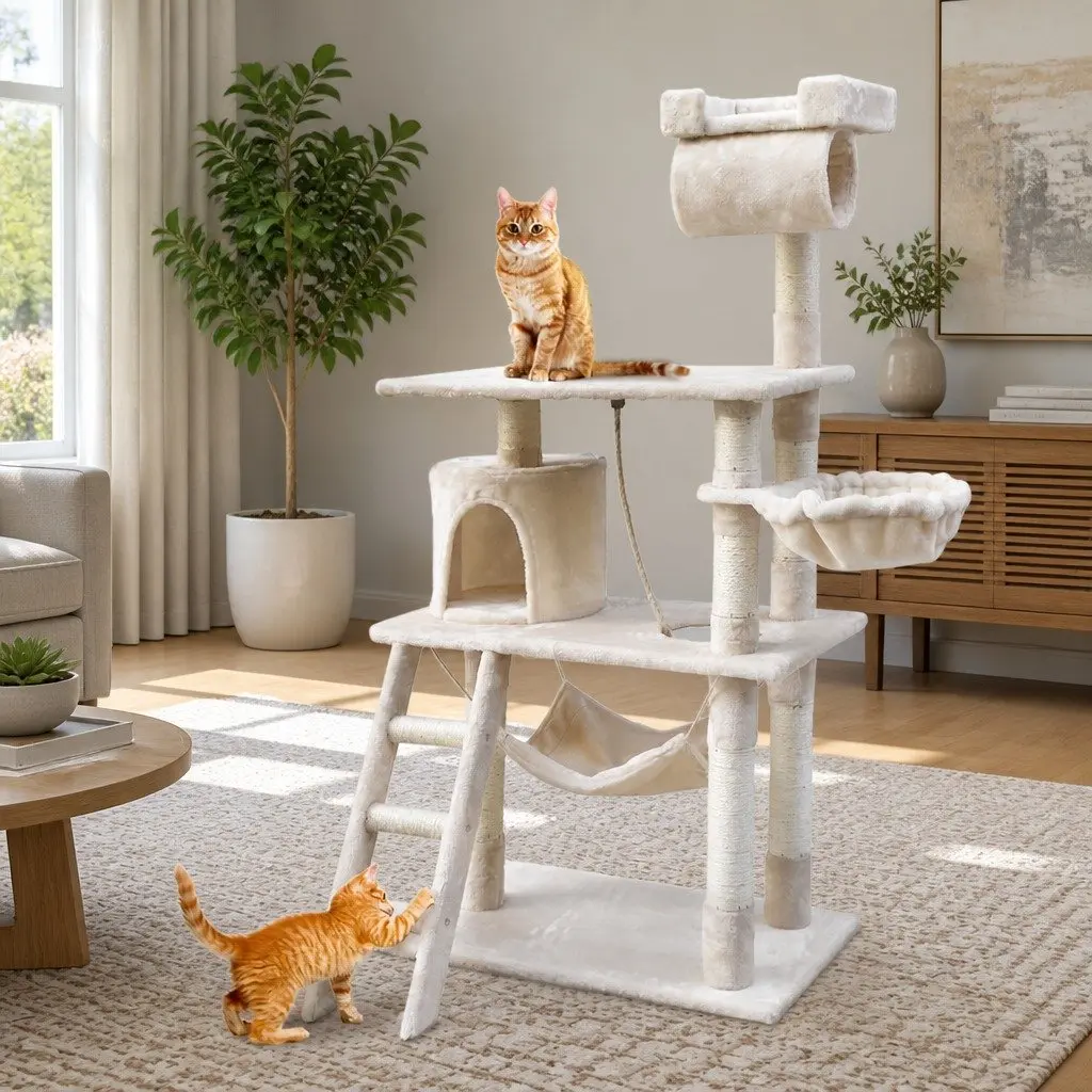 Cat Tree 141cm Multi-Level Scratching Post Tower with Sisal Poles Plush Bed