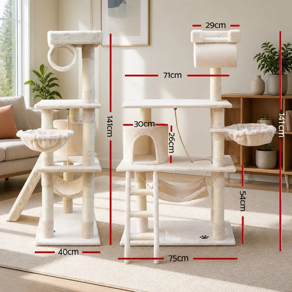 Cat Tree 141cm Multi-Level Scratching Post Tower with Sisal Poles Plush Bed