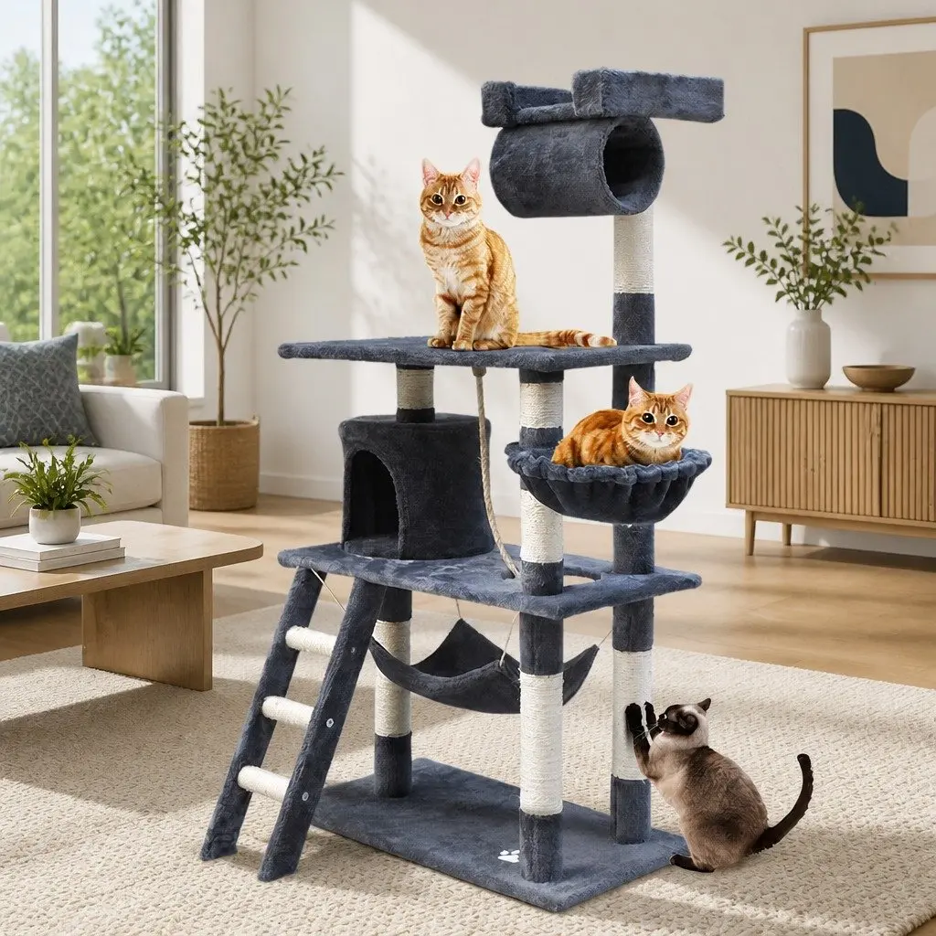 Cat Tree Multi-Level Plush Cover 141cm Grey Scratching Post Condo Perch Bed