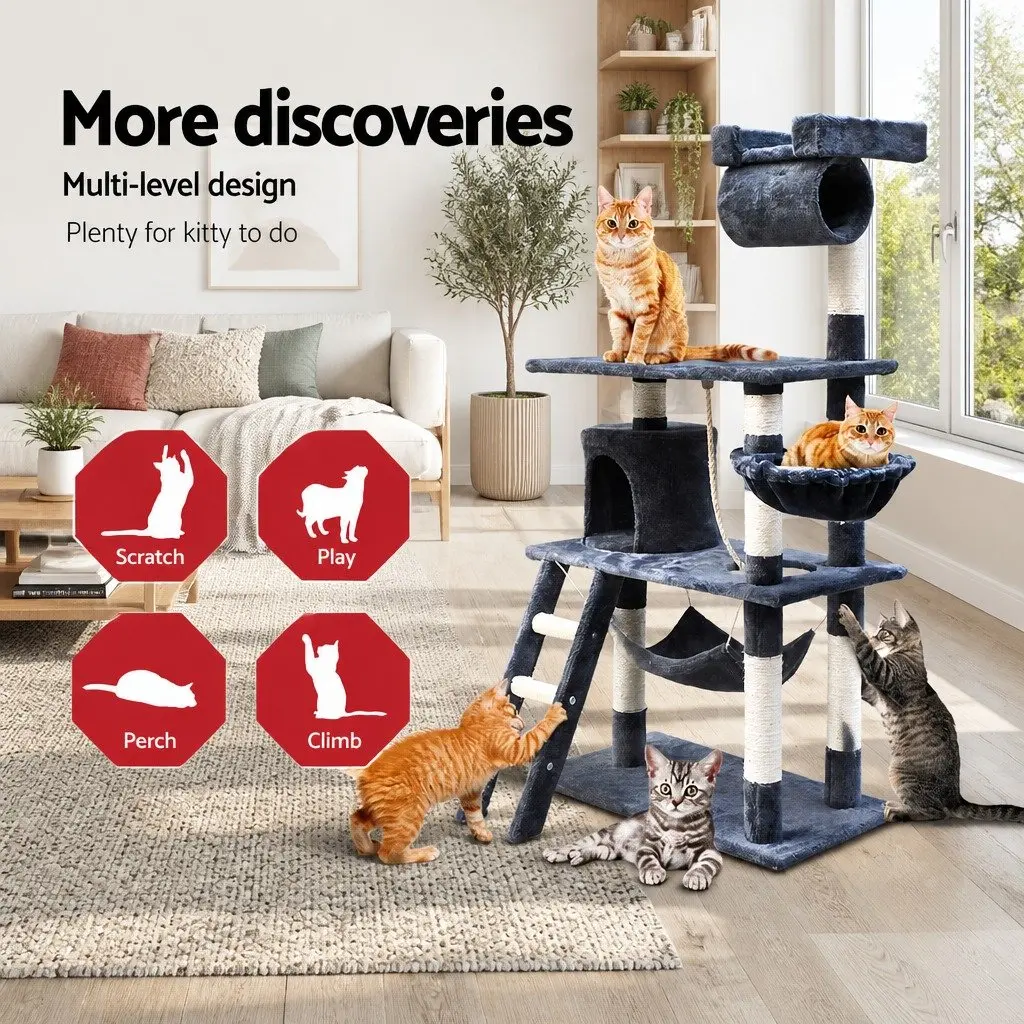 Cat Tree Multi-Level Plush Cover 141cm Grey Scratching Post Condo Perch Bed