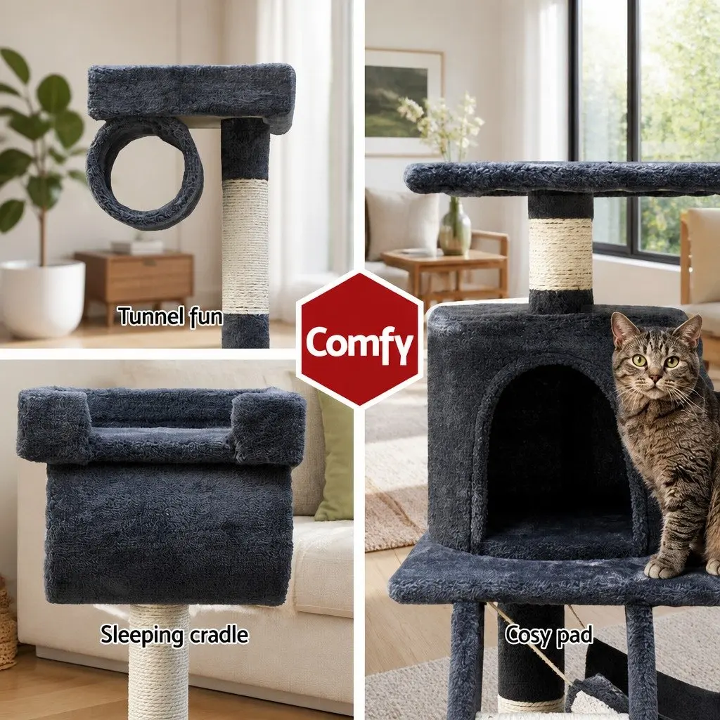 Cat Tree Multi-Level Plush Cover 141cm Grey Scratching Post Condo Perch Bed
