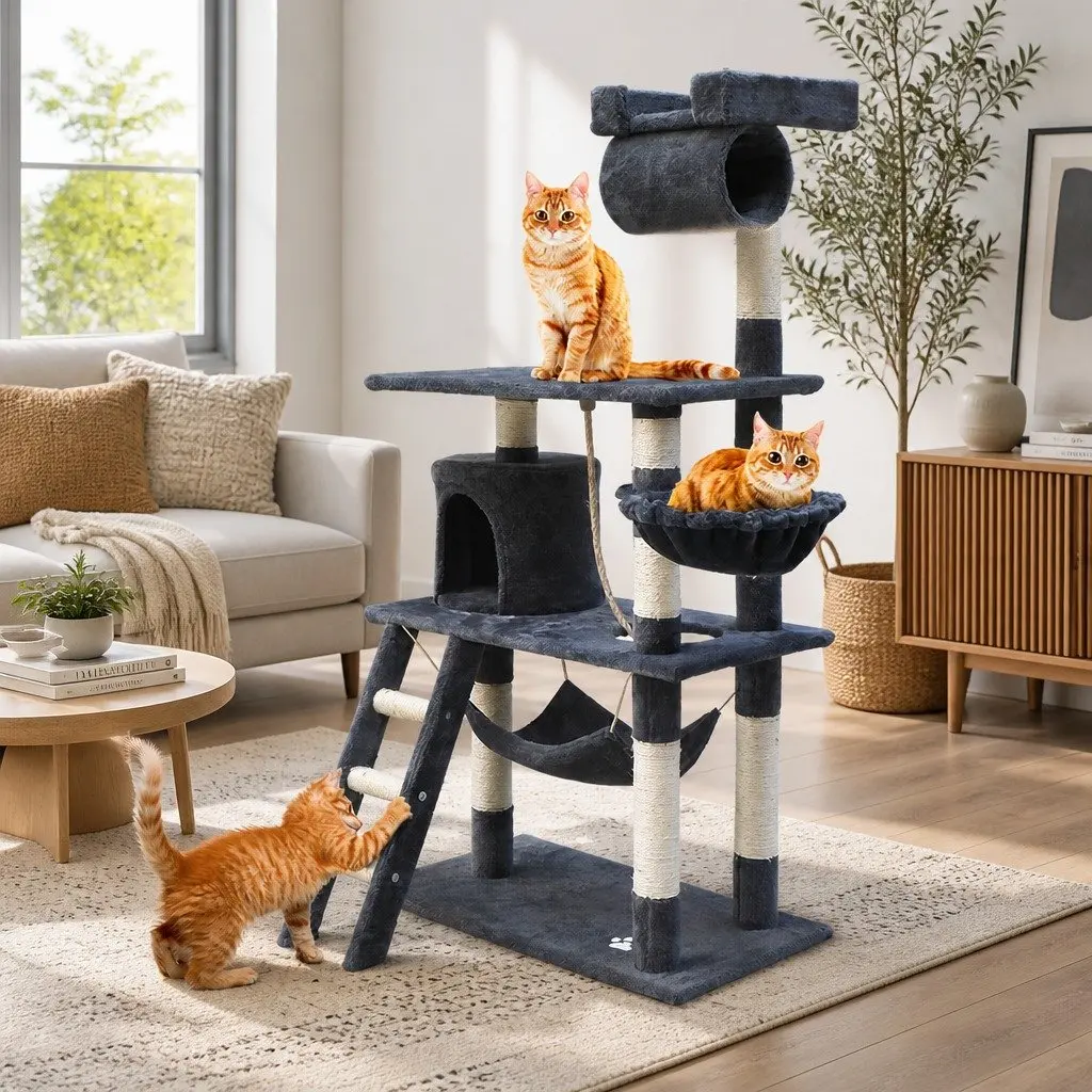 Cat Tree Multi-Level Plush Cover 141cm Grey Scratching Post Condo Perch Bed
