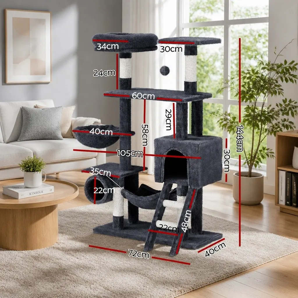 Cat Tree Tower Multi-Level 144cm Scratching Post Condo Bed House Grey Wood