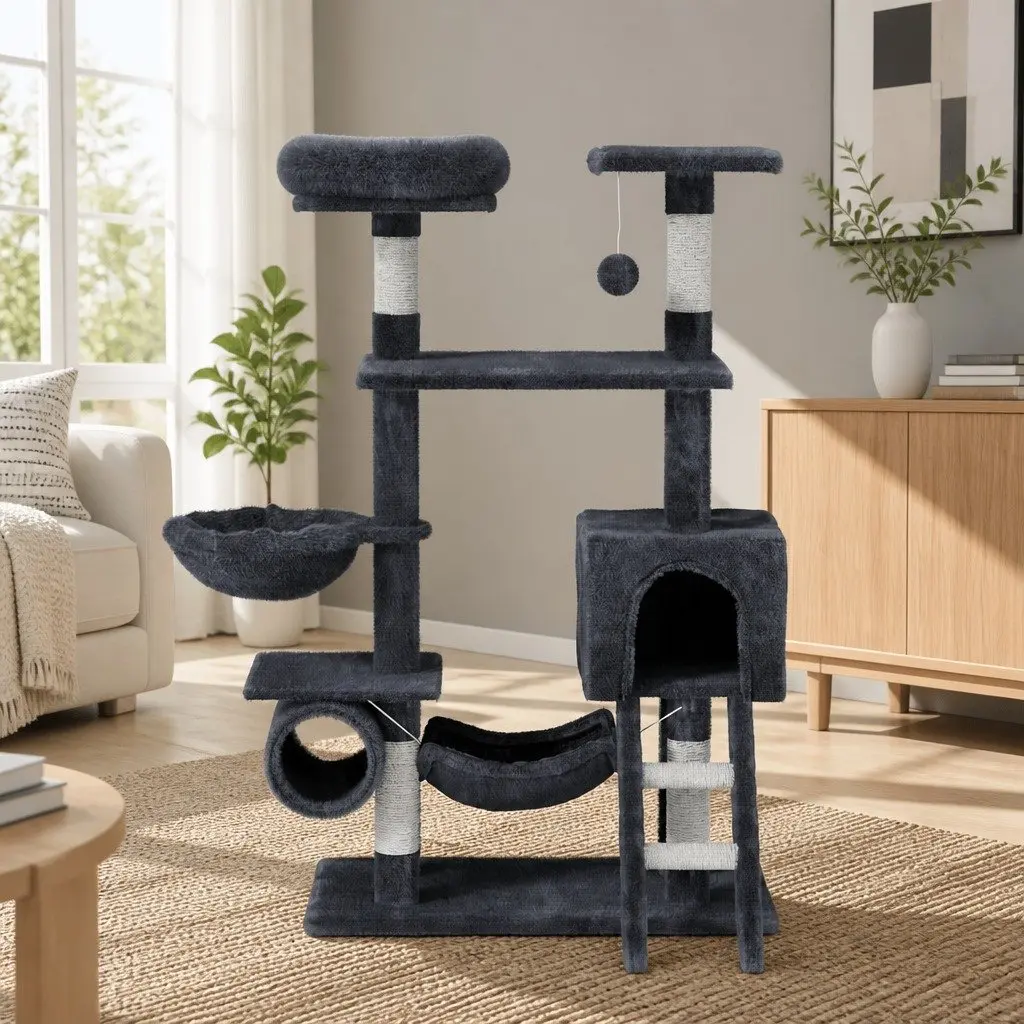 Cat Tree Tower Multi-Level 144cm Scratching Post Condo Bed House Grey Wood