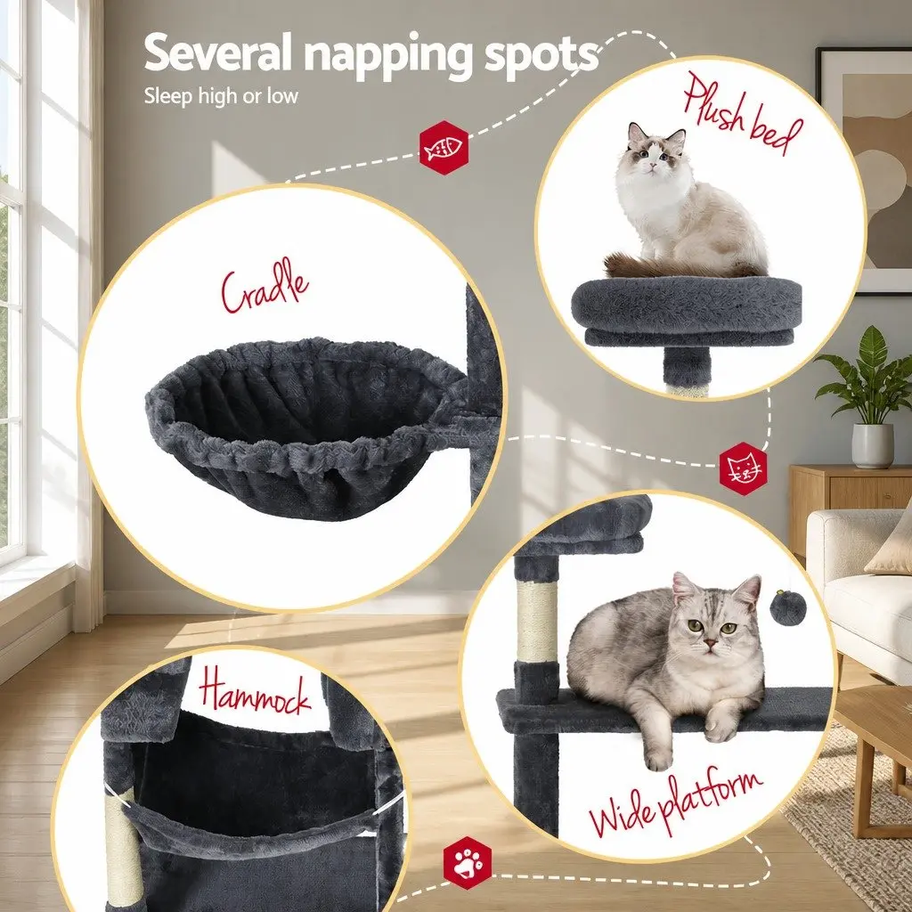 Cat Tree Tower Multi-Level 144cm Scratching Post Condo Bed House Grey Wood