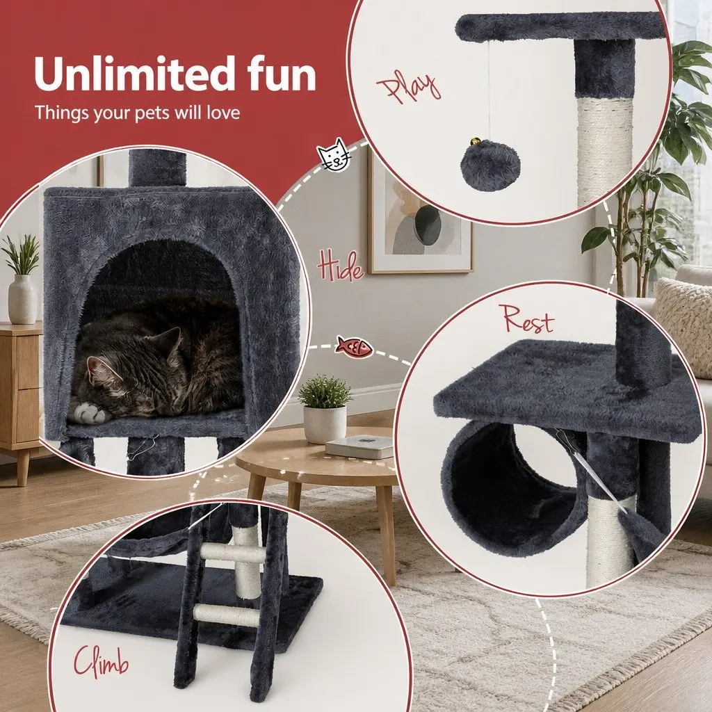 Cat Tree Tower Multi-Level 144cm Scratching Post Condo Bed House Grey Wood