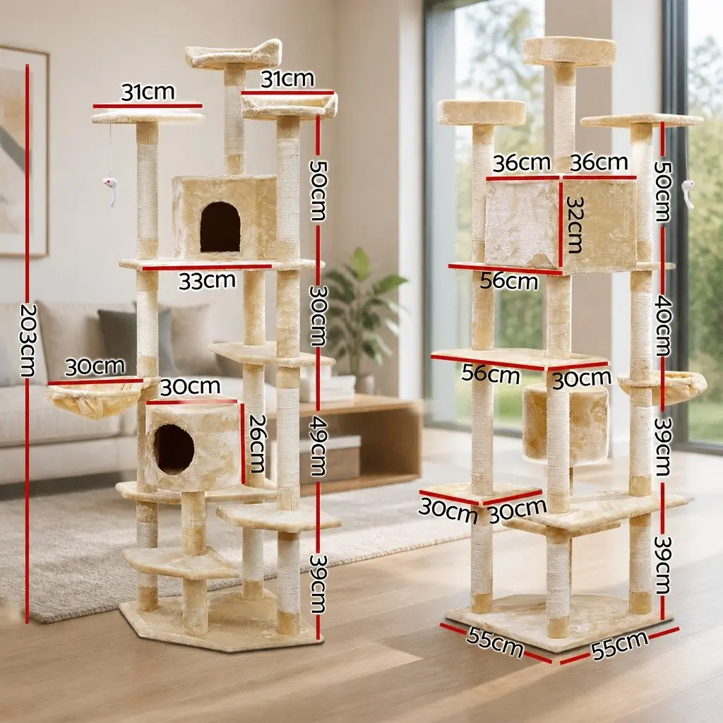 Cat Tree 203cm Tower Scratching Post Condo Hammock Perches Bed Beige