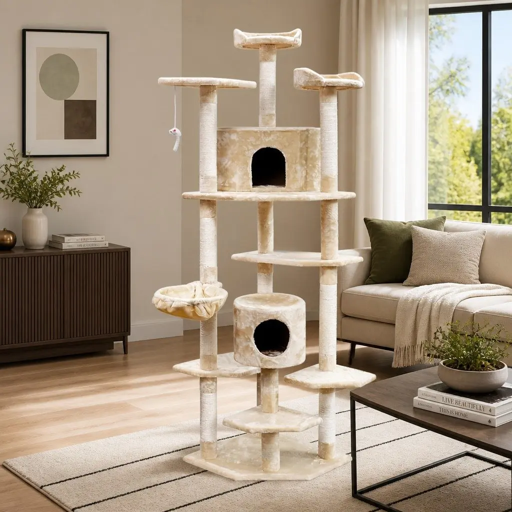 Cat Tree 203cm Tower Scratching Post Condo Hammock Perches Bed Beige