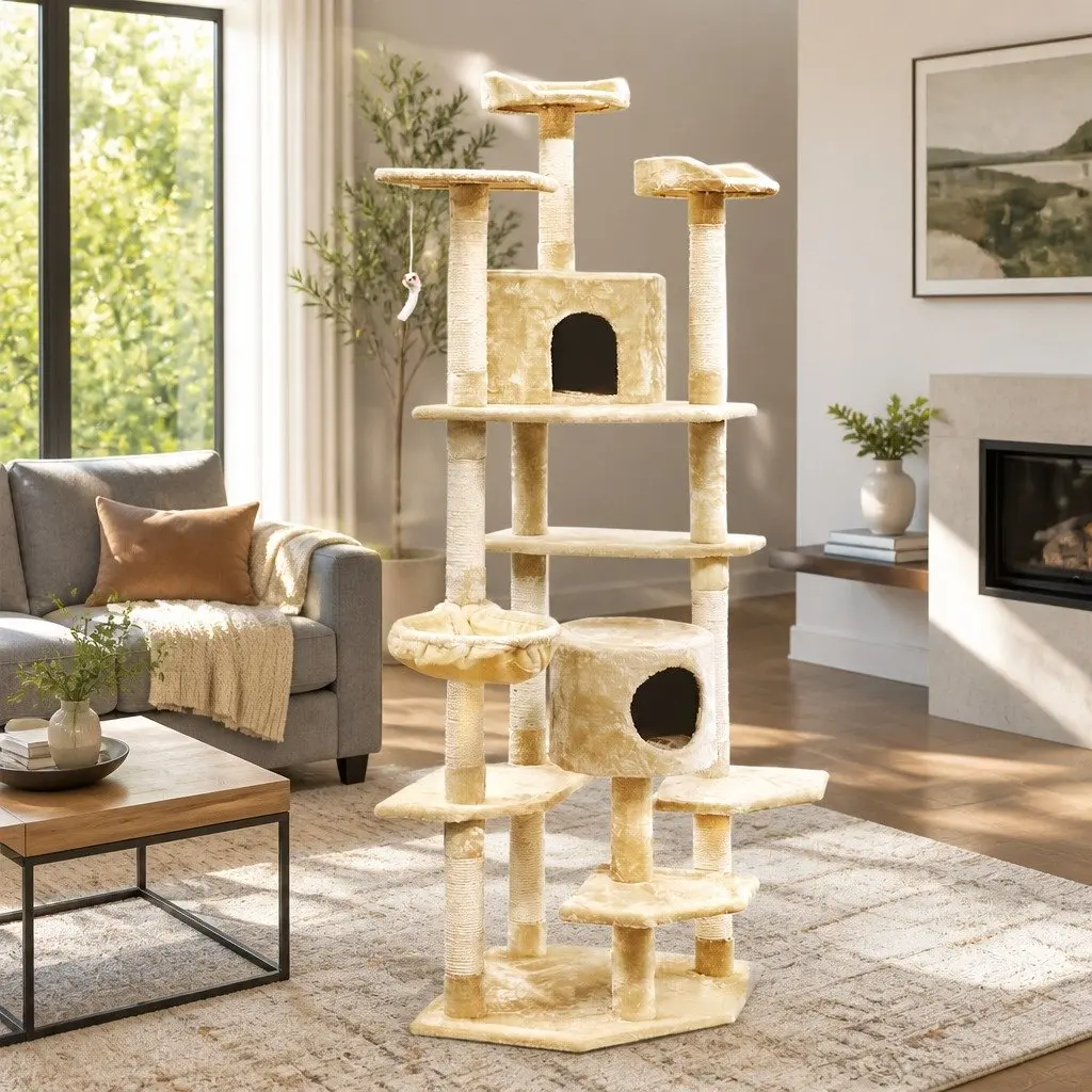 Cat Tree 203cm Tower Scratching Post Condo Hammock Perches Bed Beige