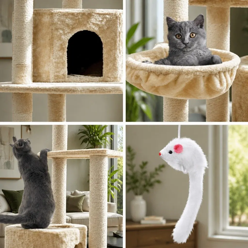 Cat Tree 203cm Tower Scratching Post Condo Hammock Perches Bed Beige
