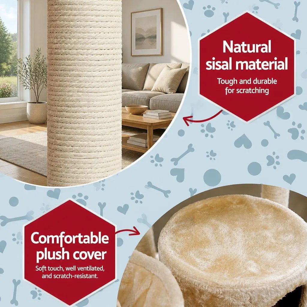 Cat Tree 203cm Tower Scratching Post Condo Hammock Perches Bed Beige