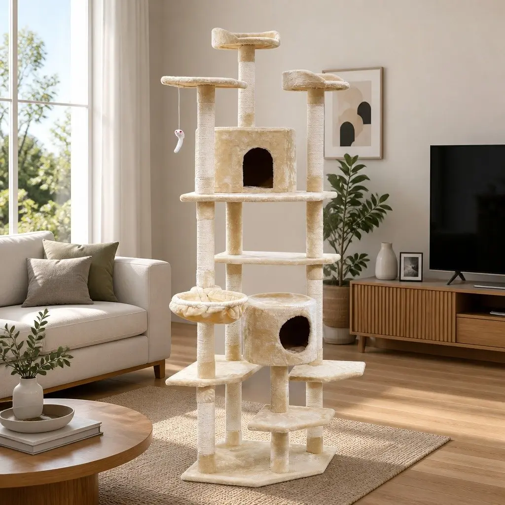 Cat Tree 203cm Tower Scratching Post Condo Hammock Perches Bed Beige