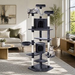 Cat Tree 203cm Tower Scratching Post Condo House Bed Multi-Level Climbing Grey