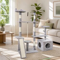 Cat Tree 135cm Scratching Post Tower 4-Level Condo House Grey Wood Toys Climbing