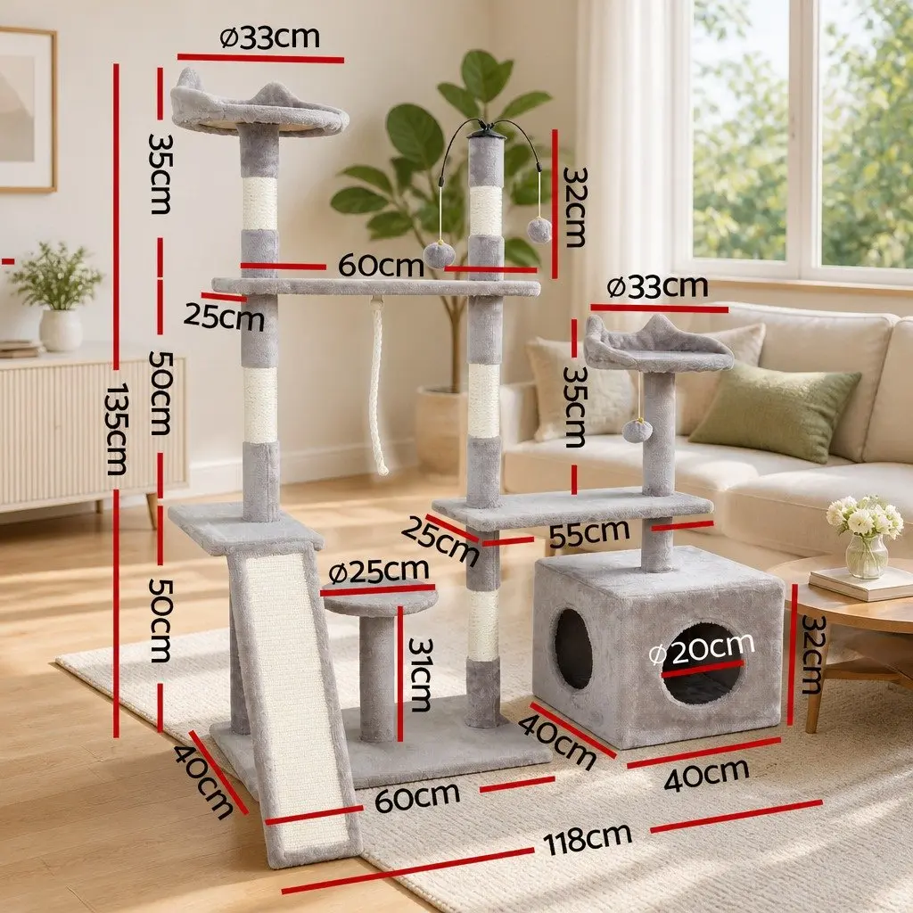 Cat Tree 135cm Scratching Post Tower 4-Level Condo House Grey Wood Toys Climbing