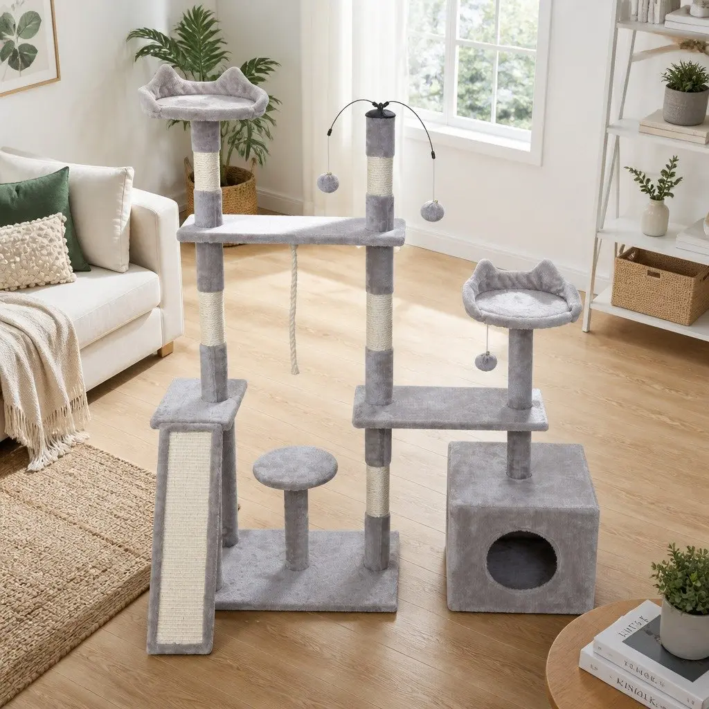 Cat Tree 135cm Scratching Post Tower 4-Level Condo House Grey Wood Toys Climbing
