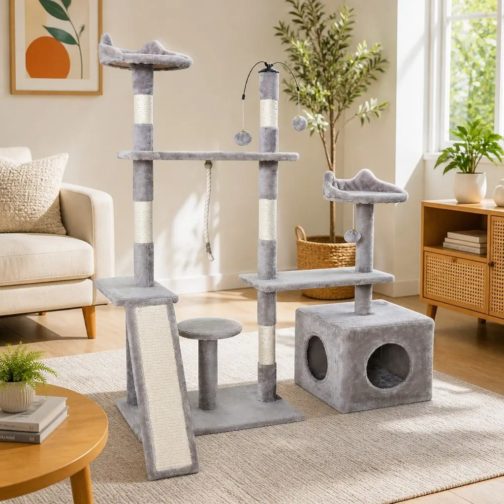 Cat Tree 135cm Scratching Post Tower 4-Level Condo House Grey Wood Toys Climbing