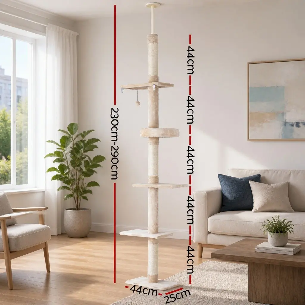 Cat Tree Floor to Ceiling Tower 290cm with 5 Platform Levels Scratching Post Bed