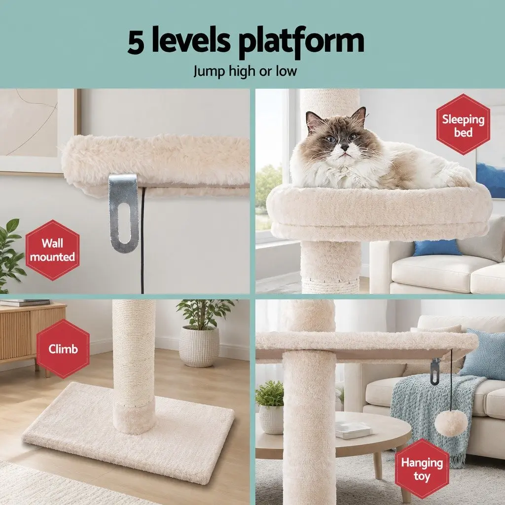 Cat Tree Floor to Ceiling Tower 290cm with 5 Platform Levels Scratching Post Bed