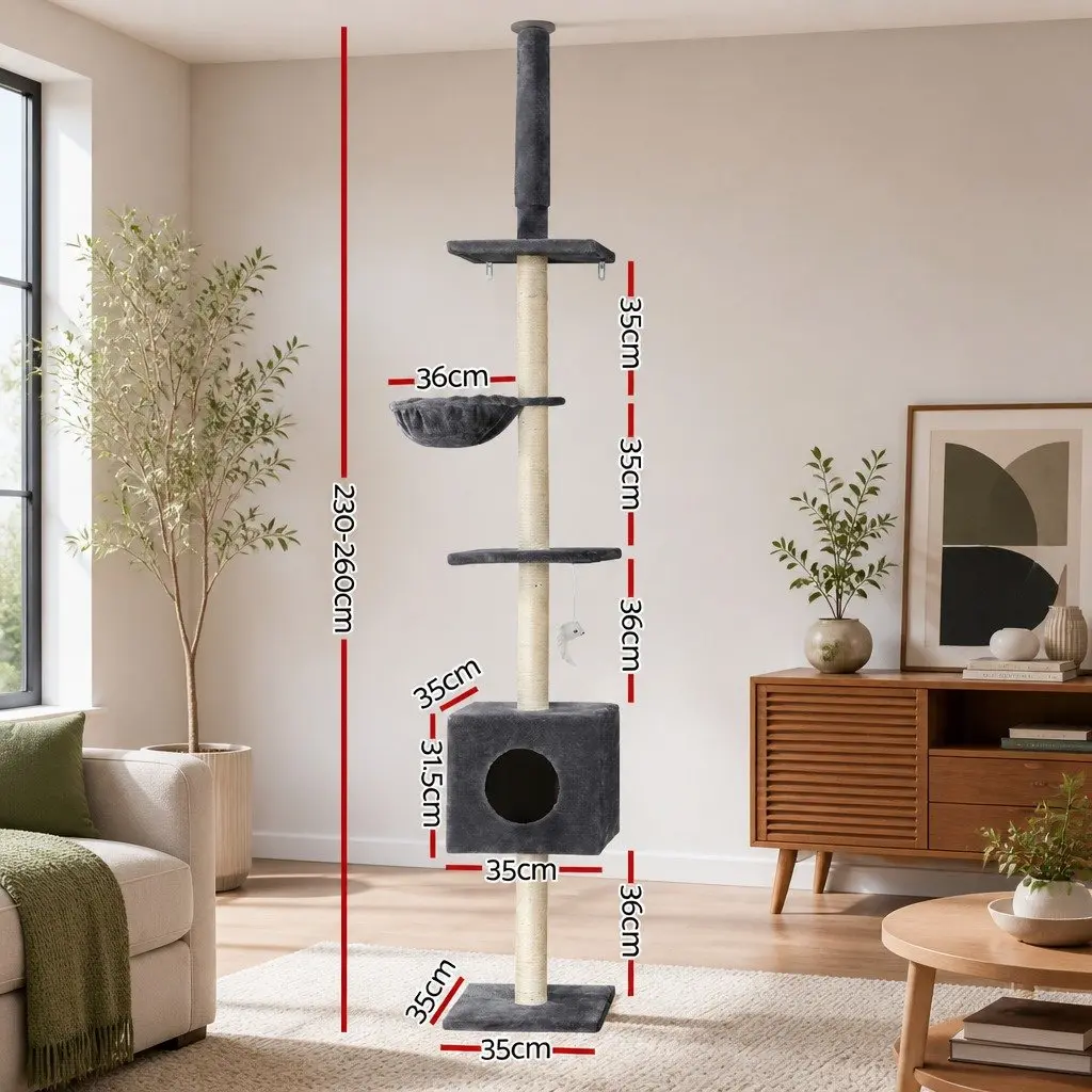Cat Tree Tower Floor to Ceiling 260cm Dark Grey 4 Platform Levels