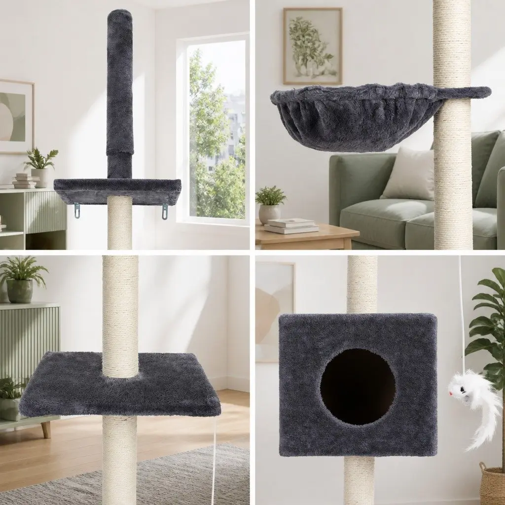 Cat Tree Tower Floor to Ceiling 260cm Dark Grey 4 Platform Levels