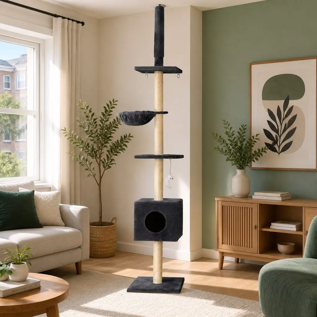 Cat Tree Tower Floor to Ceiling 260cm Dark Grey 4 Platform Levels