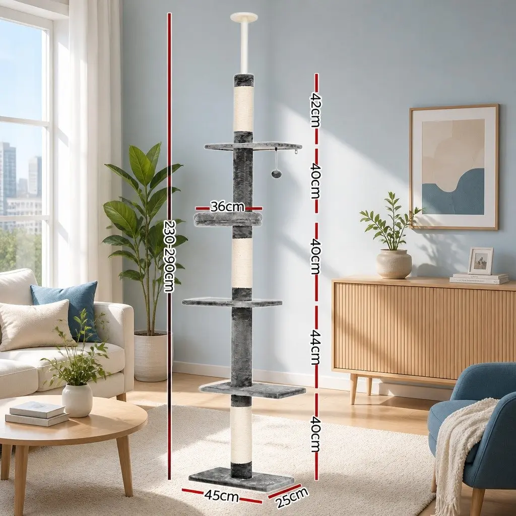 Cat Tree Floor to Ceiling 290cm 5 Levels Plush Cover