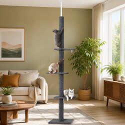Cat Tree Floor to Ceiling 290cm Scratching Post Tower 4 Platforms Grey