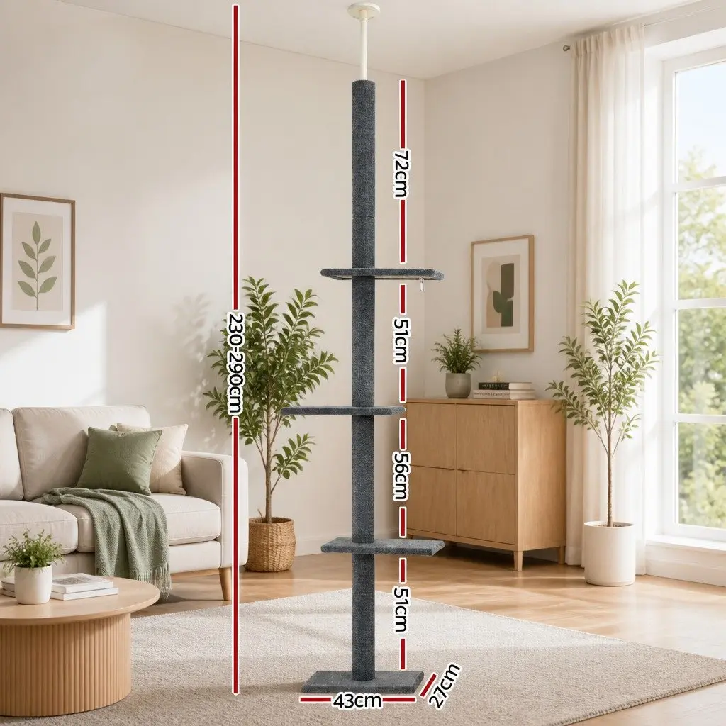 Ceiling Cat Tree Adjustable Height 290cm Grey 4-Level Scratching Post