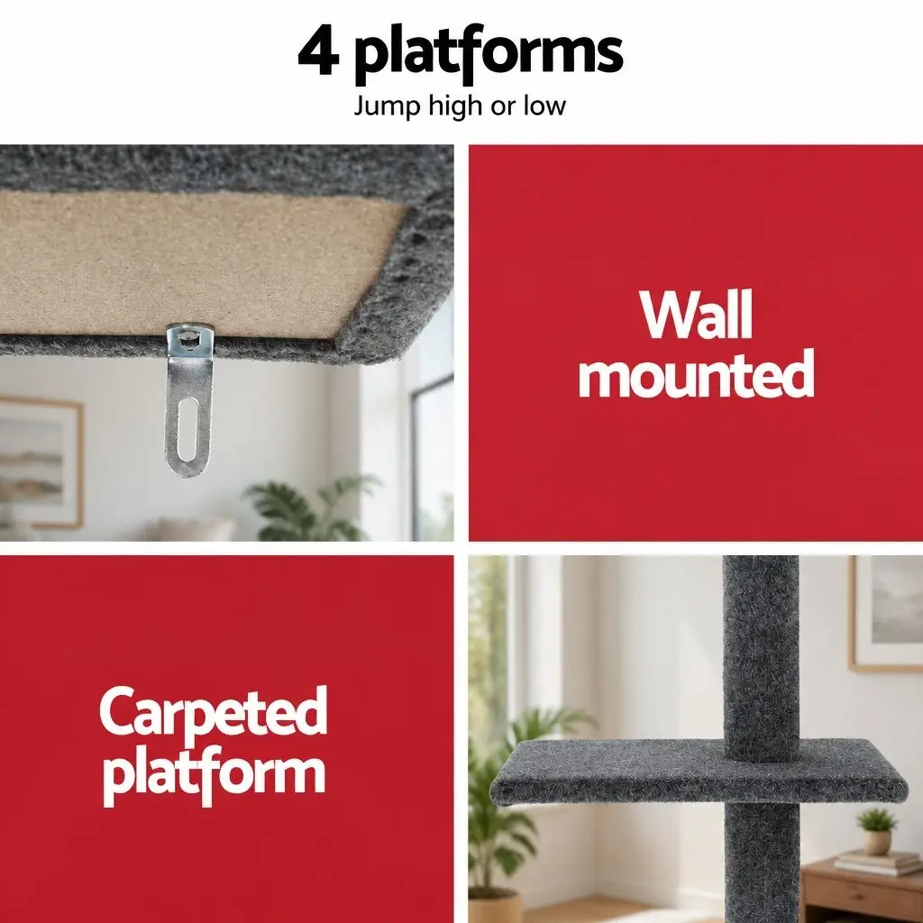 Ceiling Cat Tree Adjustable Height 290cm Grey 4-Level Scratching Post