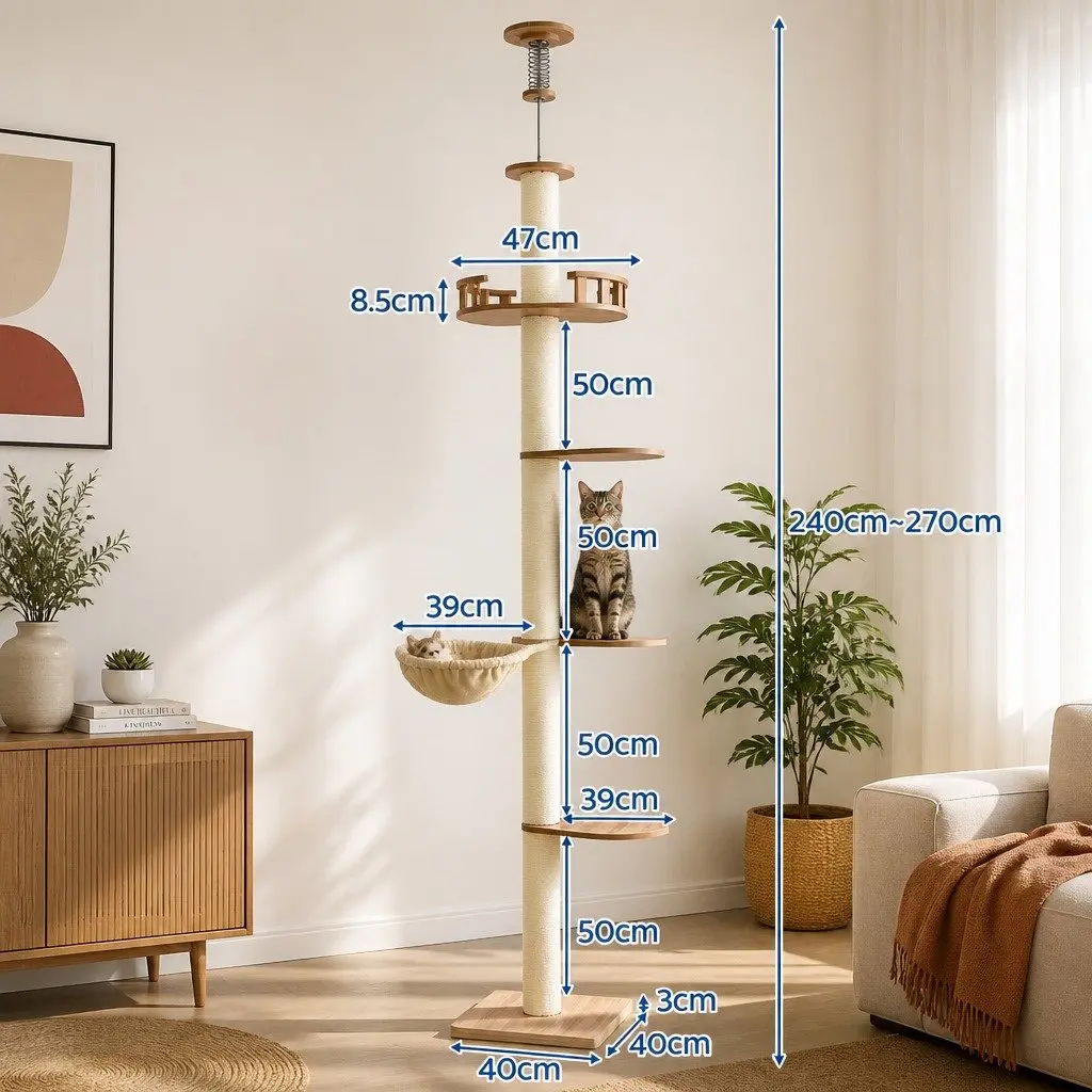 Cat Tree Tower Floor to Ceiling Scratching Post 270cm Multi-Level Platform