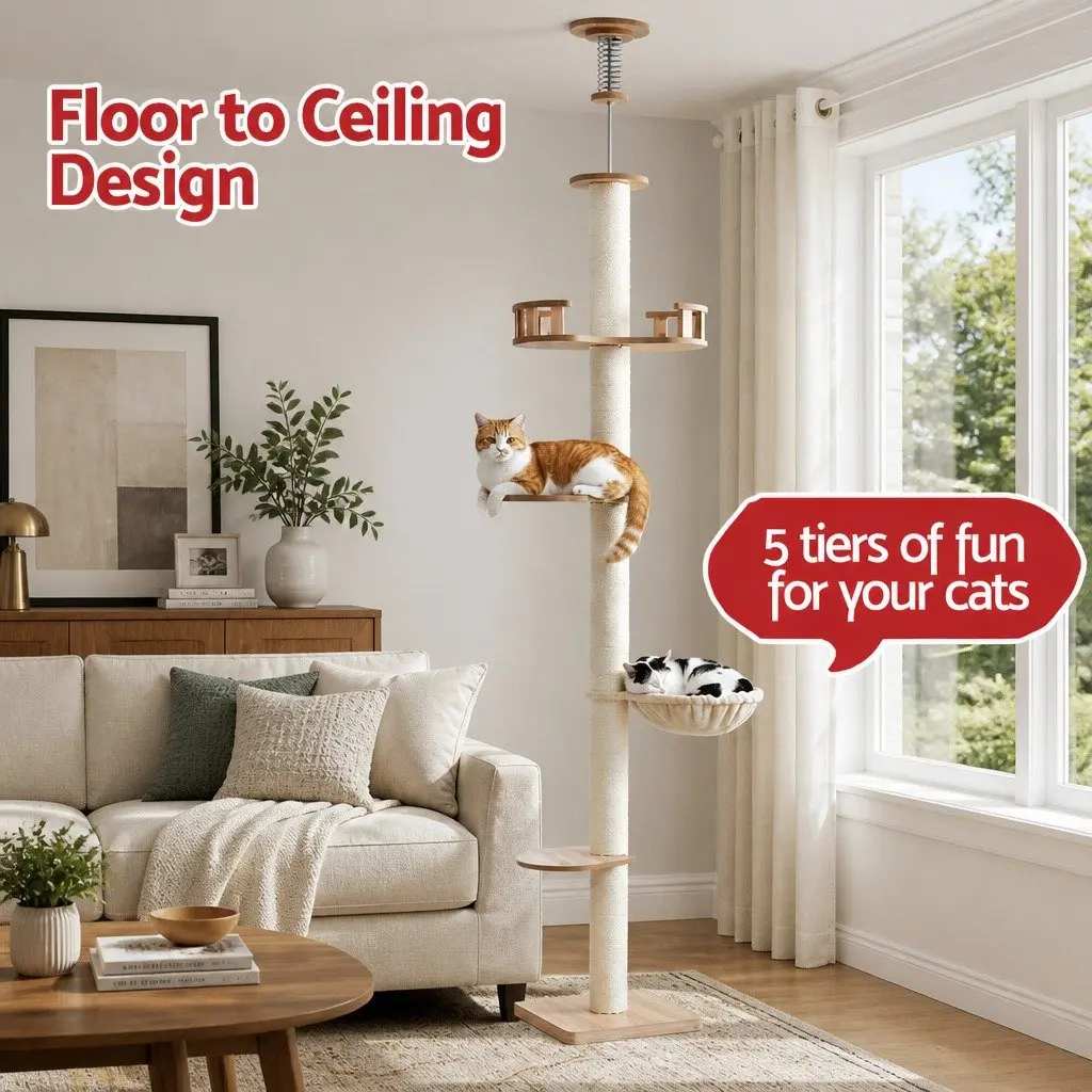 Cat Tree Tower Floor to Ceiling Scratching Post 270cm Multi-Level Platform