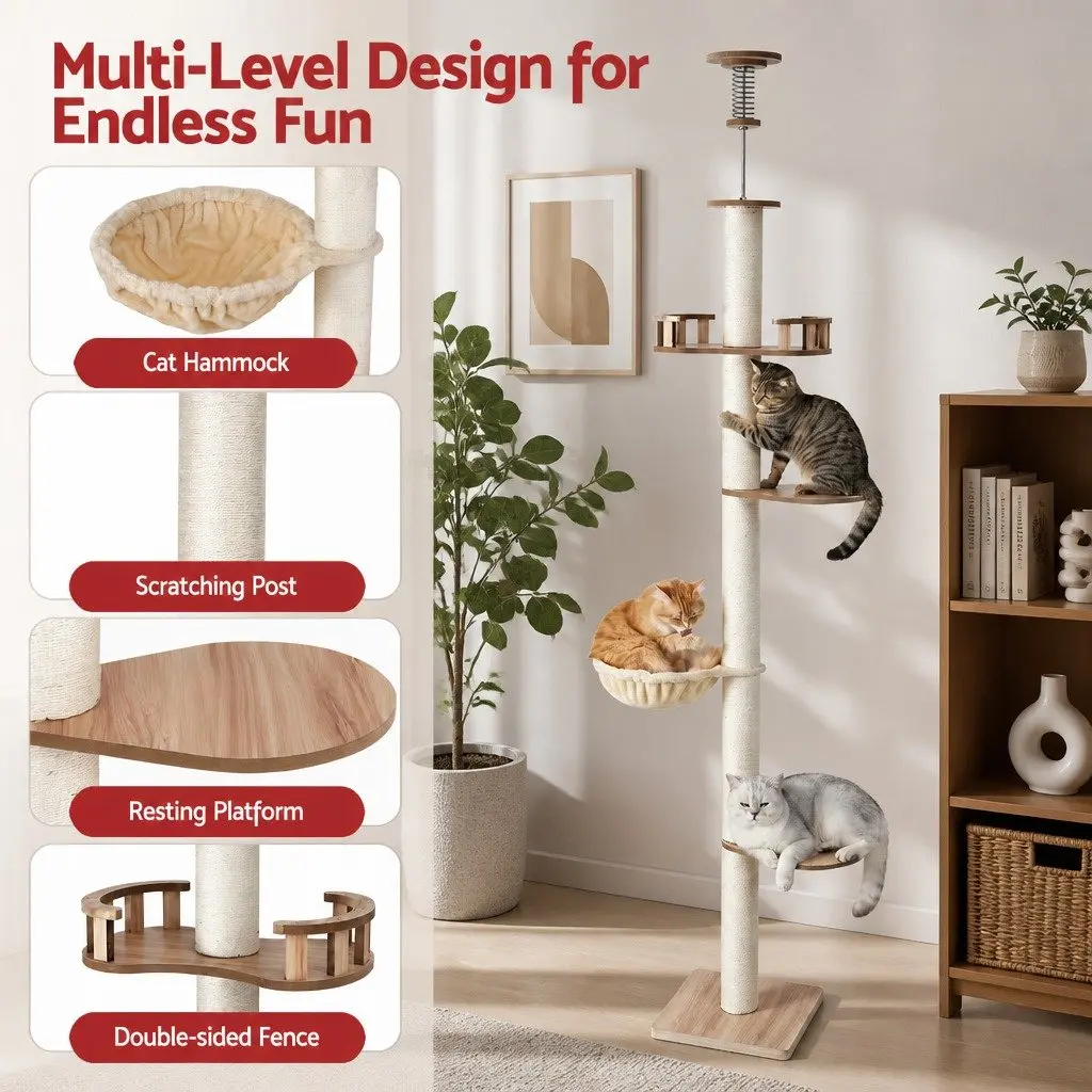 Cat Tree Tower Floor to Ceiling Scratching Post 270cm Multi-Level Platform
